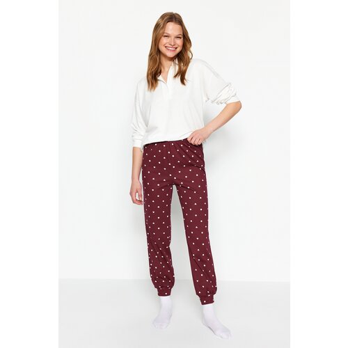 Trendyol Claret Red 100% Cotton Heart Polka Dot Knitted Pajama Bottoms Cene