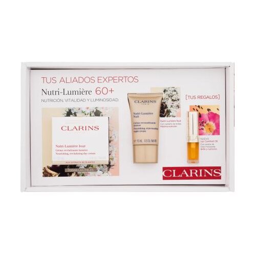 Clarins Nutri-Lumière Gift Set 60+ set: dnevna krema za obraz Nutri-Lumiére 50 ml + nočna krema za obraz Nutri-Lumiére 15 ml + olje za ustnice Lip Comfort Oil 1,4 ml za ženske Cene