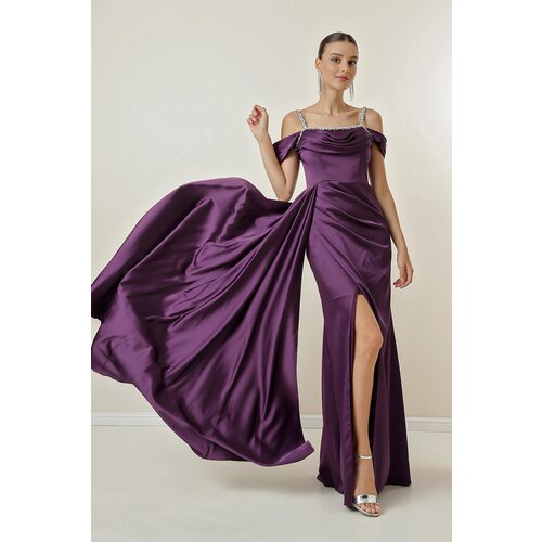 By Saygı Stone Detail Thin Straps Low Sleeve Lined Long Satin Dress Slike