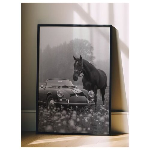Wallxpert uramljena slika 115225, crni konj i klasični kabriolet u magli, crno-belo, 30 x 40 cm, crni ram Slike