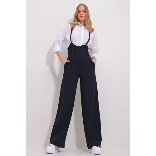 Trend Alaçatı Stili Women's Navy Blue Double Pocket Strappy Lycra Overalls Jumpsuit