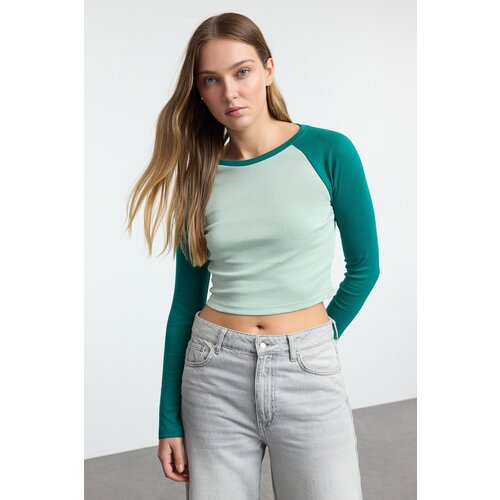 Trendyol mint raglan sleeve rib fitted/fits crop knit t-shirt Cene