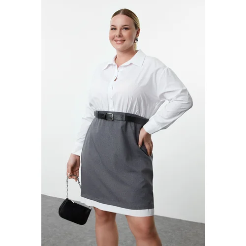 Trendyol Curve Anthracite-White Belted Shirt-Skirt Plus Size Woven Dress