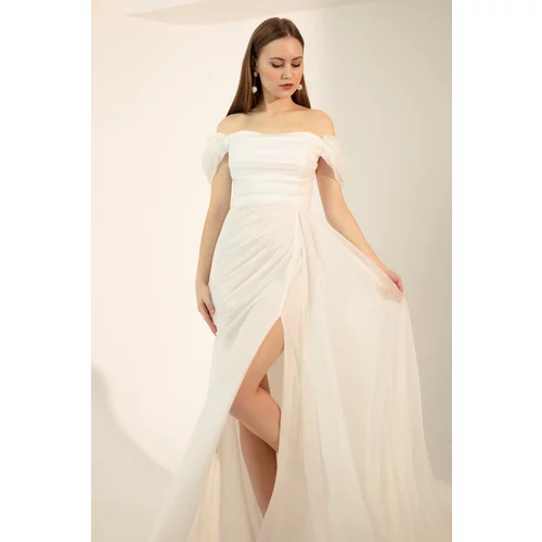 Lafaba Women's White Boat Collar Draped Long Glittery Evening Dress with a Slit.