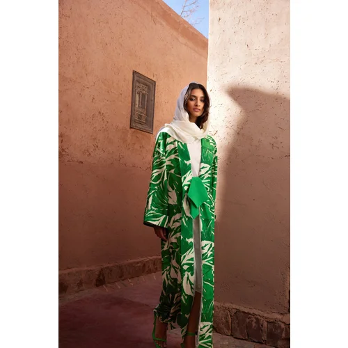 Trendyol Green Tropical Patterned Long Woven Kimono & Kaftan & Abaya