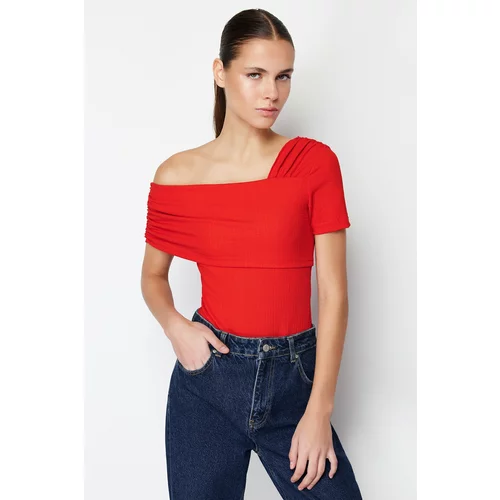 Trendyol Red Asymmetric Collar Fitted/Situated Snaps Knitted Bodysuit