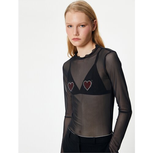 Koton Transparent T-Shirt Heart Stone Embroidered Long Sleeve Frilly Slike