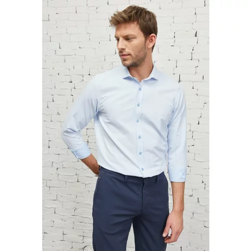 Altinyildiz classics Men's Blue Slim Fit Slim Fit Italian Collar Dobby Shirt.