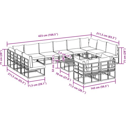 VidaXL Vrtna sedežna garnitura 13 pcs Črna 70 x 70 x 32 cm Aluminij Slike