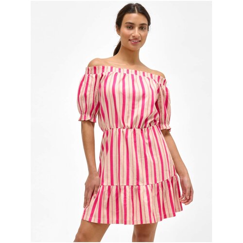 Orsay Pink striped linen dress with exposed shoulders - Women Cene