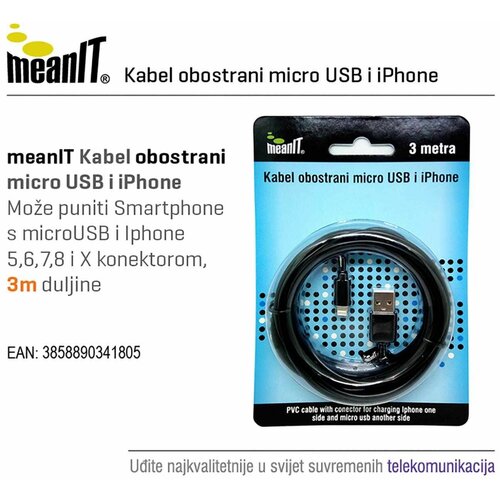 Meanit uSB kabl sa micro USB i iPhone priključkom/ 3m - MICROUSB / iPHONE Cene