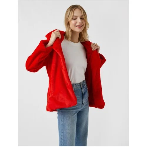 Koton Women's Red Buttoned Oversized Short Faux Fur Coat