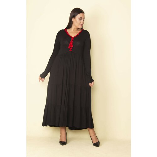 Şans Women's Plus Size Red Collar Detailed Waist Gathered Layered Long Dress Cene