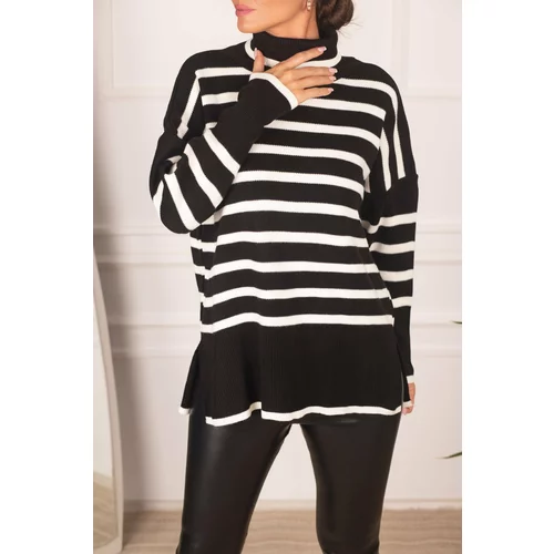 armonika Women's Black Turtleneck Stripe Knitwear Sweater