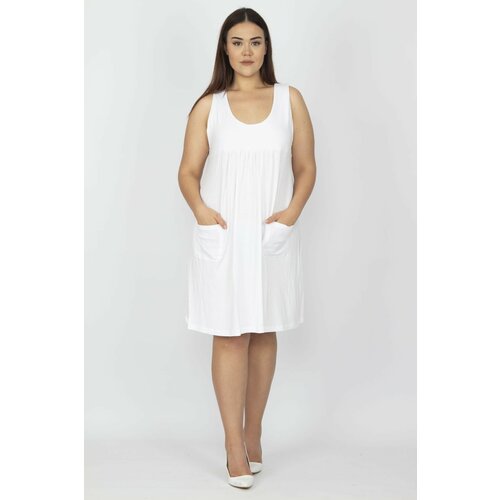 Şans Women's Large Size White Viscose Pocket Comfortable Cut Dress Slike