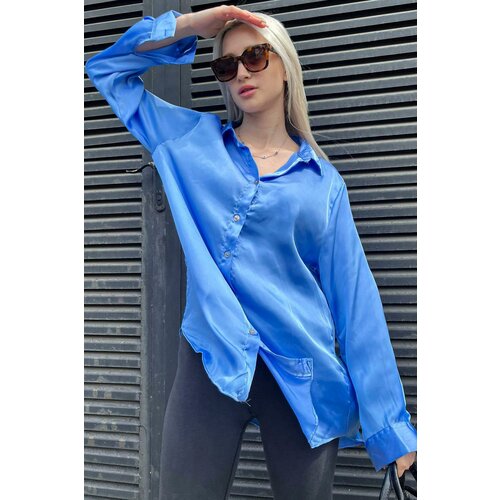 Madmext Blue Basic Women's Satin Shirt Mg1326 Slike