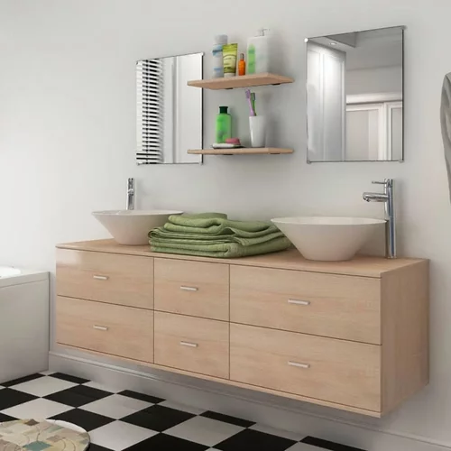 vidaXL Sedem delni komplet kopalniškega pohištva z umivalnikoma bež