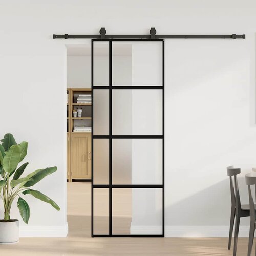 VidaXL Drsna vrata z opremo črna 76x205 cm kaljeno steklo Slike