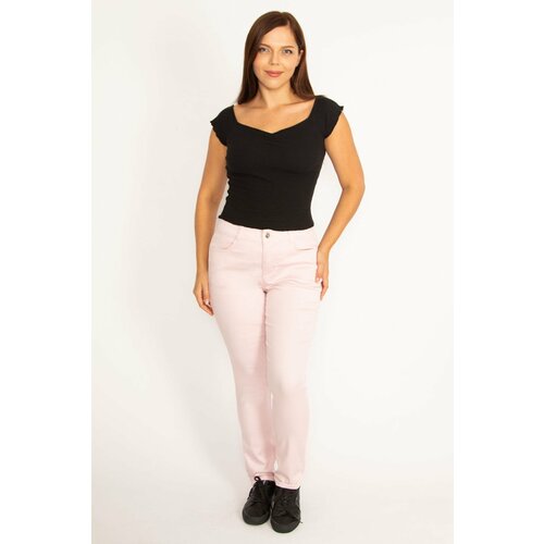 Şans Women's Plus Size Pink Lycra Gabardine Fabric Elastic Side Belt 5-Pocket Trousers Slike