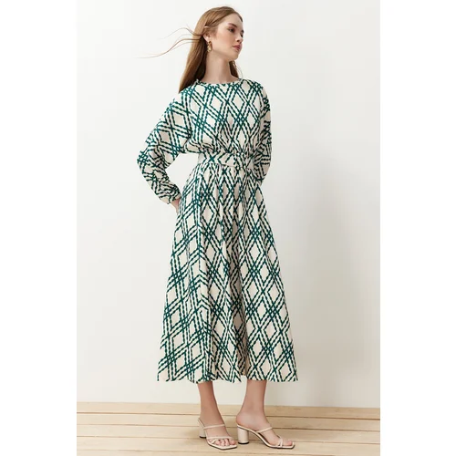 Trendyol Green Patterned Belt Detailed Crinkle Woven Dress