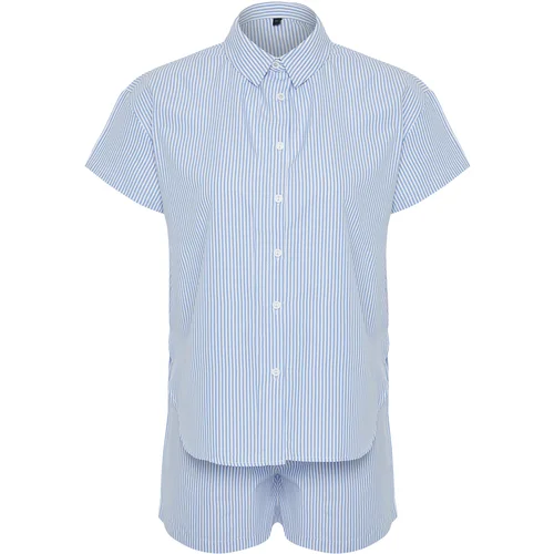 Trendyol Blue Cotton Striped Woven Pajamas Set