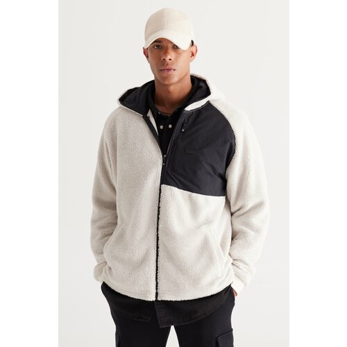 AC&Co / Altınyıldız Classics Men's Beige Oversize Wide-Fit Hooded Sherpa Fleece Sweatshirt Jacket Slike