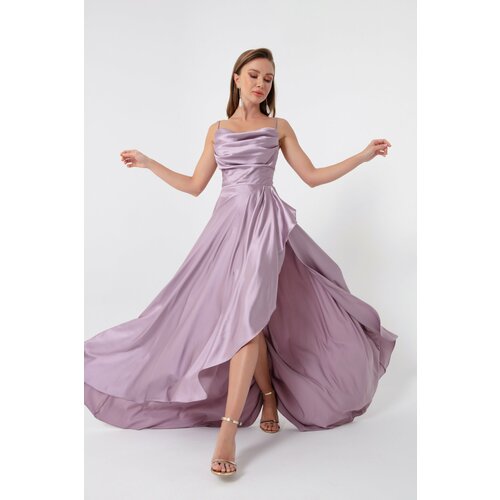Lafaba Women's Lilac Volleyball Satin Evening &; Prom Dress with a slit Slike