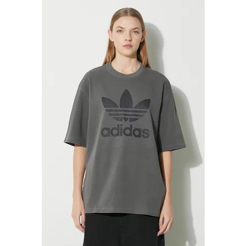 Adidas Bombažna kratka majica Washed Trefoil Tee ženska, siva barva, IN2268