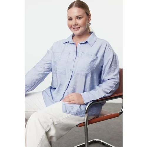 Trendyol Curve Blue Long Sleeve Double Pocket Woven Plus Size Shirt