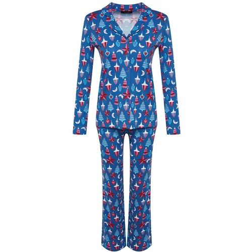 Trendyol Blue Single Jersey Knitted Christmas Theme Shirt-Pants Pajama Set