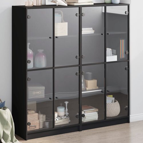 VidaXL Knjižna omara z vrati črna 136x37x142 cm inženirski les Slike