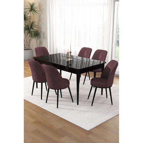 Hanah home trpezarijski set Pir, sto i 6 stolica, ploča u dekoru crnog mermera, puder roze tkanina Babyface Cene