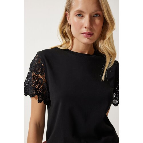 Women's Black Guipure Sleeve Knitted Blouse Slike