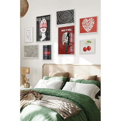 Wallxpert set od 8 uramljenih slika &amp;Ccedil;gs-001, crveno-crni rokenrol motivi &amp;ndash; gitara, usne, tre&amp;scaron;nje i natpis don&amp;#039;t let it break your heart, beli ram Slike