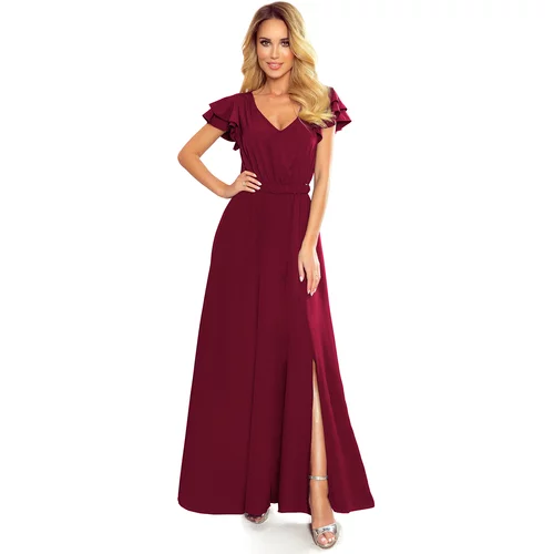 NUMOCO 310-5 LIDIA long dress with a neckline and frills - BORDEAUX
