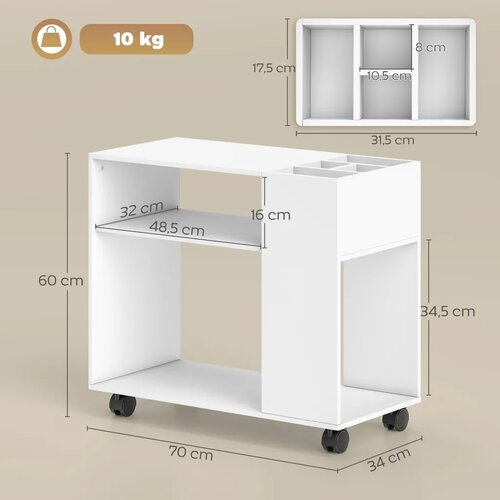  Stalak/stol za pisač s podijeljenim odjeljkom i prostorom za pohranu za uredsku upotrebu 70 x 34 x 60 cm bijeli Slike