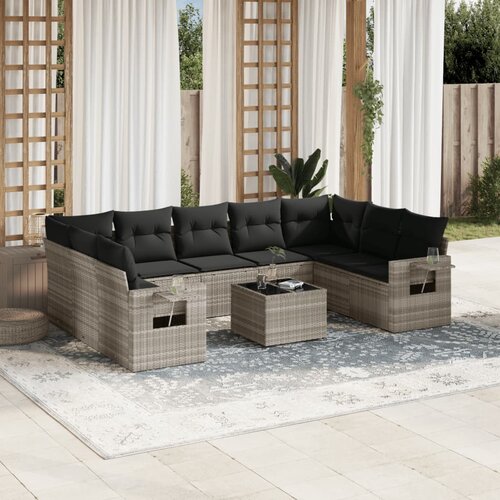 vidaXL 10-dijelni set vrtnih sofa poliratan s jastucima svijetlosivi Cijene