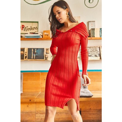 Olalook Women&amp;#039;s Red Collar Detailed Ribbed Mini Knitwear Dress with Stone Garnish Slike