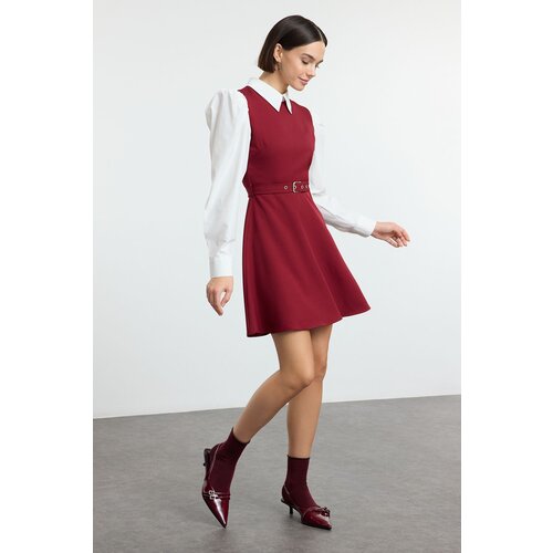 Trendyol Burgundy Belted Waist Opening Shirt Detail Mini Woven Dress Slike