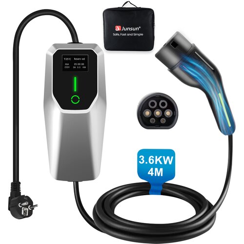 JUNSUN Tip 2 EV Polnilni Kabel za Električna Vozila – 1-Fazni 3.68KW, Nastavljiv Tok(6/8/10/13/16A), Prenosni Polnilec 4M s Schuko Vtičnico in Torbico, (22127992) Cene