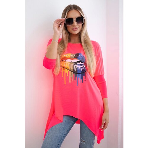Kesi Oversize blouse with iridescent pink neon lip print Cene