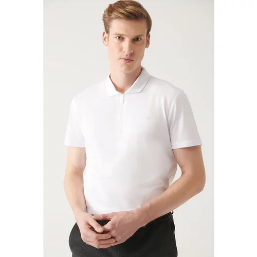Avva Men's White 100% Cotton Zippered Standard Fit Regular Cut Polo Neck T-shirt