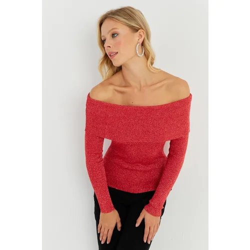 Cool & Sexy Women's Red Silvery Madonna Knitwear Blouse KZ531