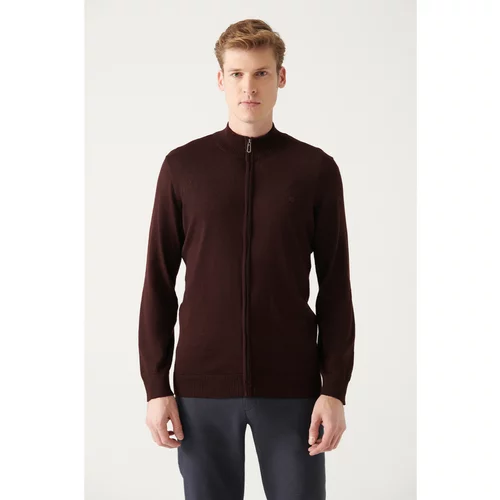 Avva Men's Claret Red Wool Blend Half-Zip Stand Standard Fit Regular Cut Cardigan