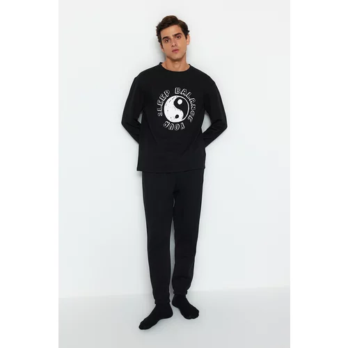 Trendyol Men's Black Regular Fit Printed Knitted Pajamas Set