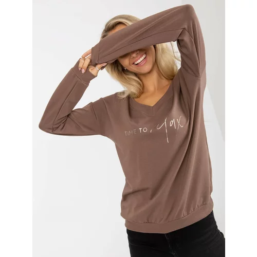 Fashion Hunters Brown cotton sweatshirt without a hood with an inscription