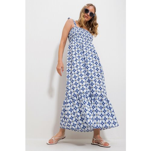 Trend Alaçatı Stili Women's Blue Strap Skirt Flounce Floral Pattern Gimped Woven Dress Slike