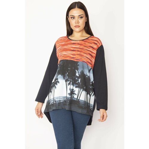 Şans women's plus size navy blue front printed blouse Slike