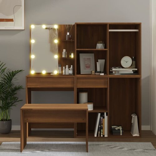 vidaXL komplet toaletnih mizic z led lučkami rjavi hrast konstr. les Cene