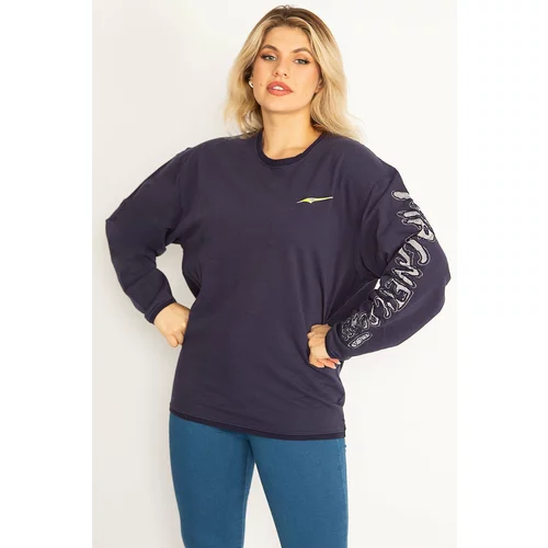 Şans Women's Plus Size Navy Blue Cotton Fabric Sleeve Appliqué Sweatshirt